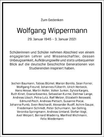 Traueranzeige von Wolfgang Wippermann von Frankfurter Allgemeine Zeitung