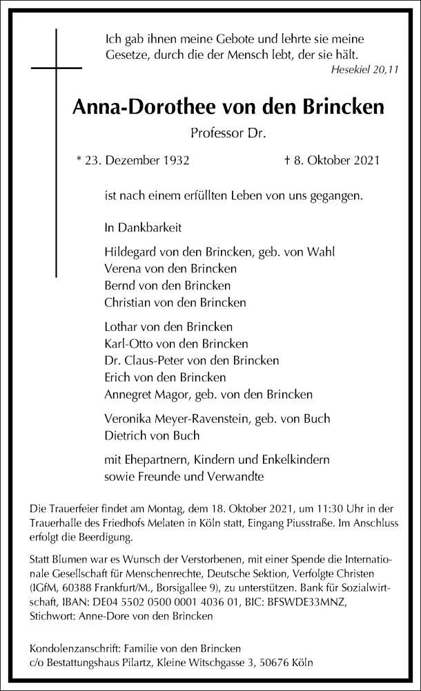  Traueranzeige für Anna-Dorothee von den Brincken vom 13.10.2021 aus Frankfurter Allgemeine Zeitung