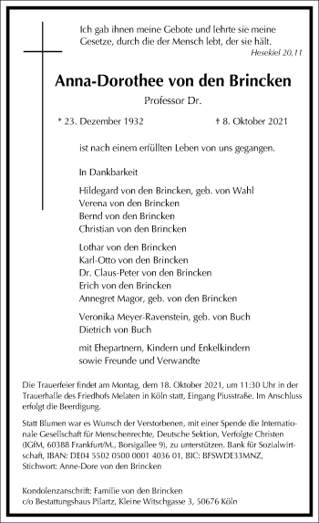 Traueranzeige von Anna-Dorothee von den Brincken von Frankfurter Allgemeine Zeitung