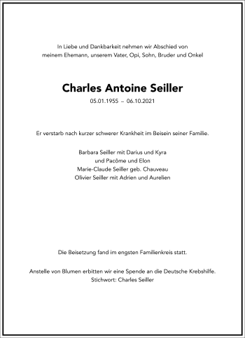 Traueranzeige von Charles Antoine Seiller von Frankfurter Allgemeine Zeitung