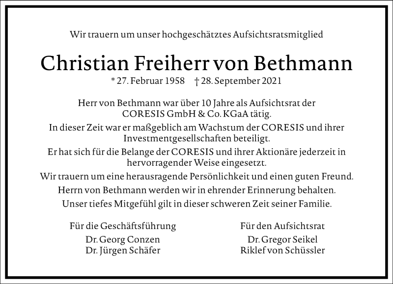  Traueranzeige für Christian  Freiherr von Bethmann vom 09.10.2021 aus Frankfurter Allgemeine Zeitung