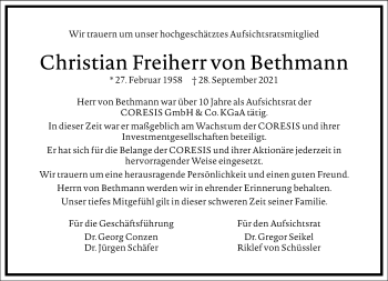 Traueranzeige von Christian  Freiherr von Bethmann von Frankfurter Allgemeine Zeitung