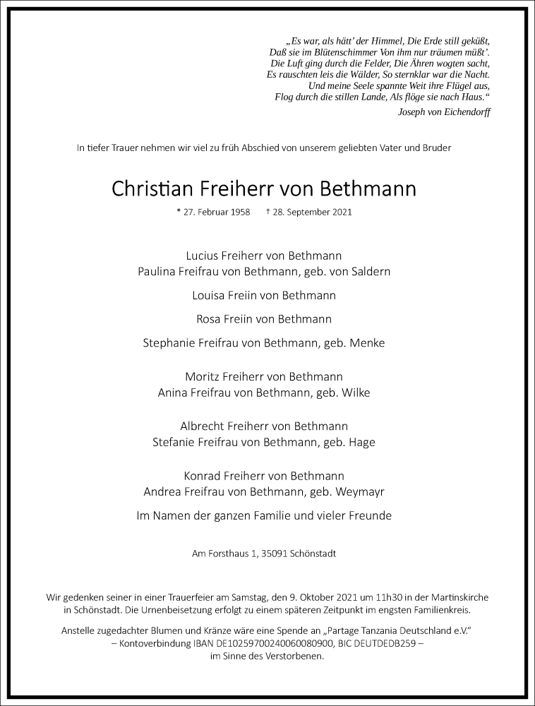  Traueranzeige für Christian  Freiherr von Bethmann vom 02.10.2021 aus Frankfurter Allgemeine Zeitung