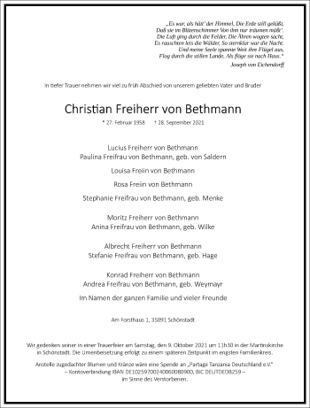 Traueranzeige von Christian  Freiherr von Bethmann von Frankfurter Allgemeine Zeitung