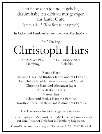 Traueranzeige von Christoph Hars von Frankfurter Allgemeine Zeitung