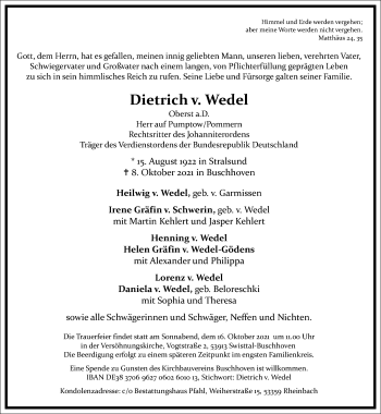 Traueranzeige von Dietrich v. Wedel von Frankfurter Allgemeine Zeitung