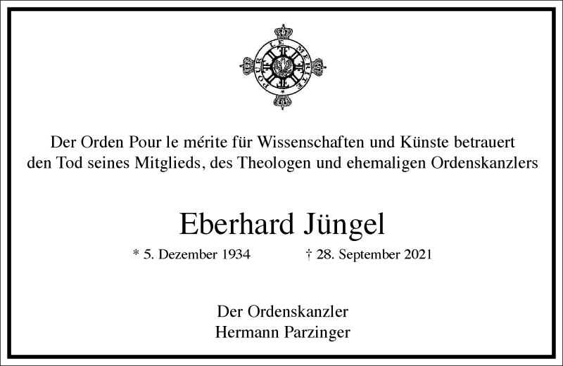  Traueranzeige für Eberhard Jüngel vom 02.10.2021 aus Frankfurter Allgemeine Zeitung