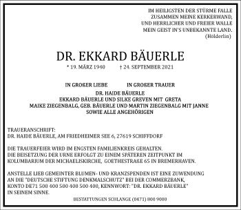 Traueranzeige von Ekkard Bäuerle von Frankfurter Allgemeine Zeitung