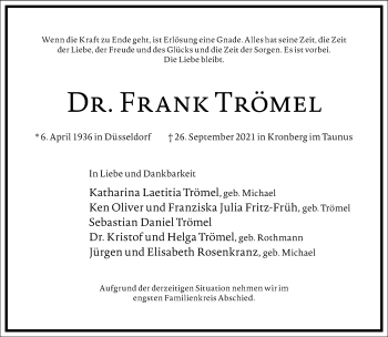 Traueranzeige von Frank Trömel von Frankfurter Allgemeine Zeitung