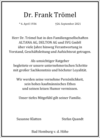 Traueranzeige von Frank Trömel von Frankfurter Allgemeine Zeitung