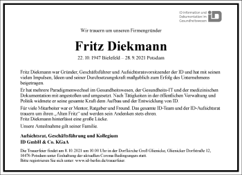 Traueranzeige von Fritz Diekmann von Frankfurter Allgemeine Zeitung