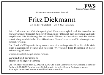 Traueranzeige von Fritz Diekmann von Frankfurter Allgemeine Zeitung