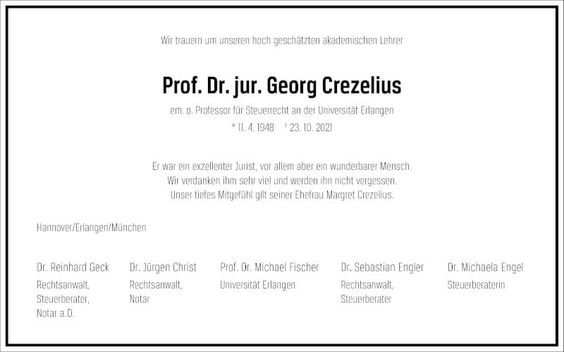  Traueranzeige für Georg Crezelius vom 30.10.2021 aus Frankfurter Allgemeine Zeitung