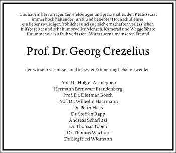 Traueranzeige von Georg Crezelius von Frankfurter Allgemeine Zeitung