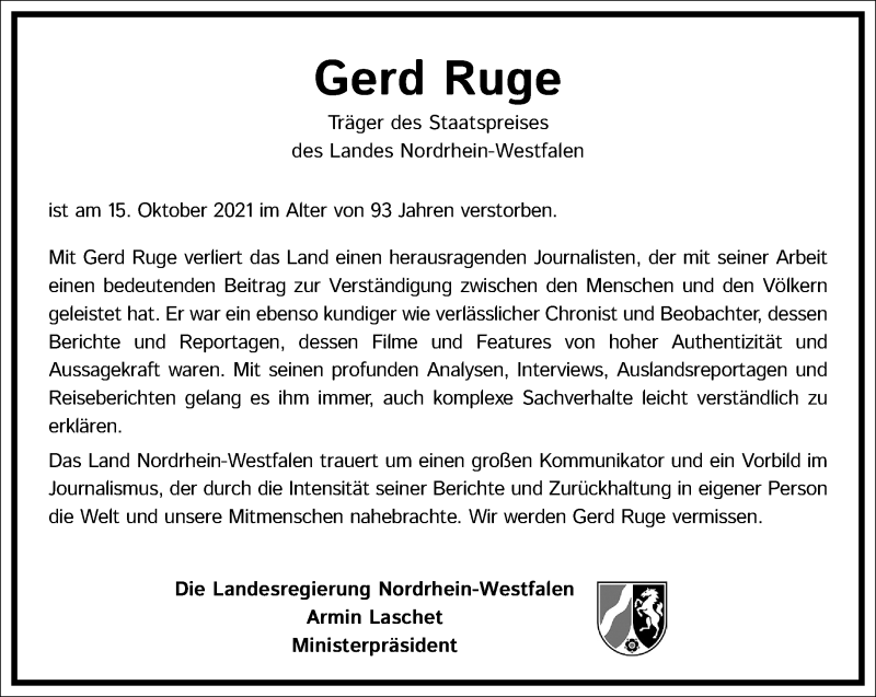  Traueranzeige für Gerd Ruge vom 23.10.2021 aus Frankfurter Allgemeine Zeitung