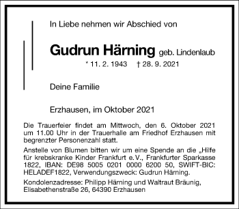 Traueranzeige von Gudrun Härning von Frankfurter Allgemeine Zeitung