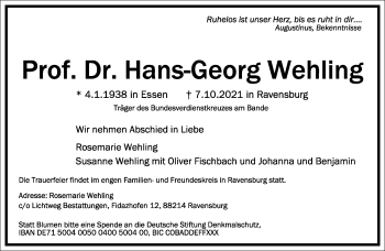 Traueranzeige von Hans-Georg Wehling von Frankfurter Allgemeine Zeitung