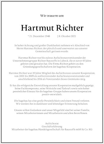 Traueranzeige von Hartmut Richter von Frankfurter Allgemeine Zeitung