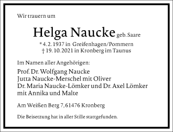 Traueranzeige von Helga Naucke von Frankfurter Allgemeine Zeitung