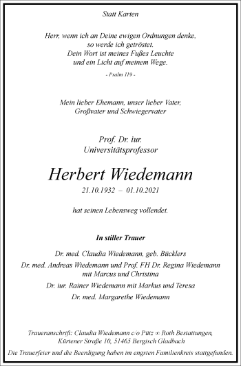 Traueranzeige von Herbert Wiedemann von Frankfurter Allgemeine Zeitung