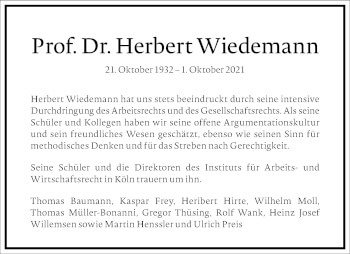 Traueranzeige von Herbert Wiedemann von Frankfurter Allgemeine Zeitung