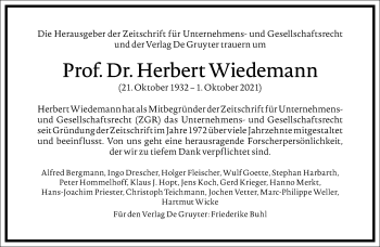 Traueranzeige von Herbert Wiedemann von Frankfurter Allgemeine Zeitung