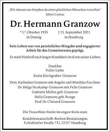 Traueranzeige von Hermann Granzow von Frankfurter Allgemeine Zeitung