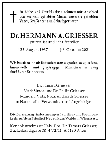 Traueranzeige von Hermann A.  Griesser von Frankfurter Allgemeine Zeitung