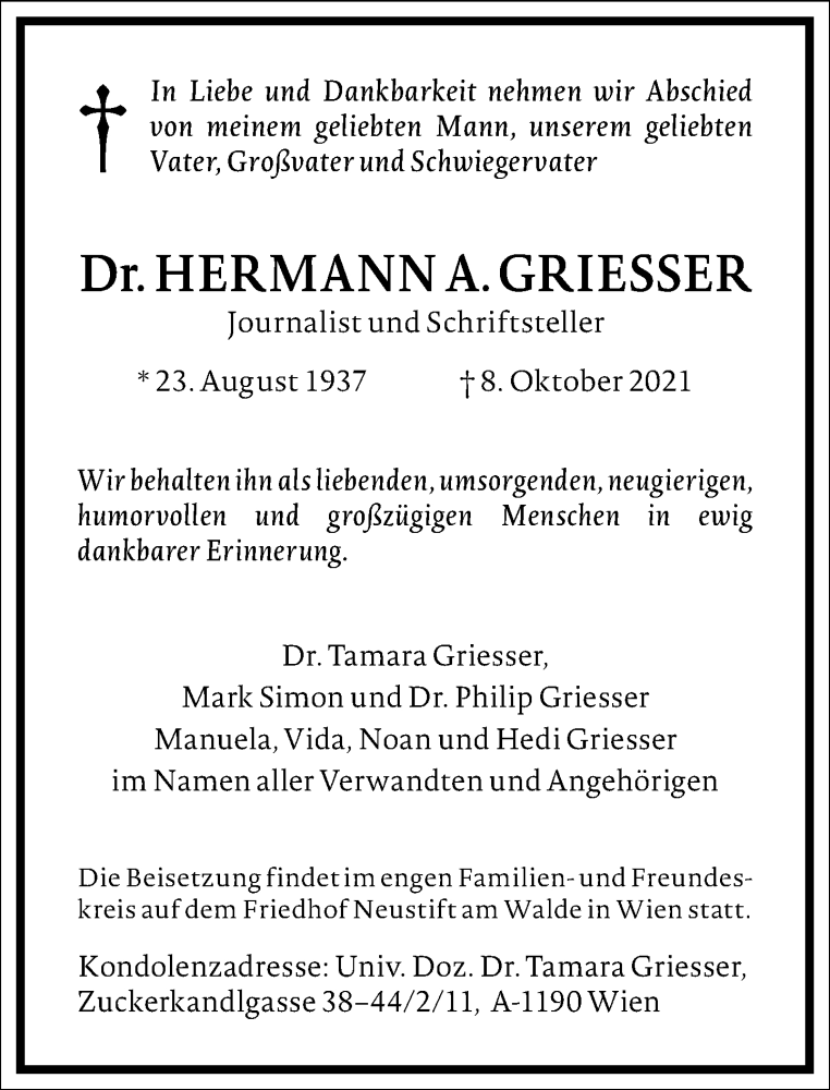  Traueranzeige für Hermann A.  Griesser vom 15.10.2021 aus Frankfurter Allgemeine Zeitung