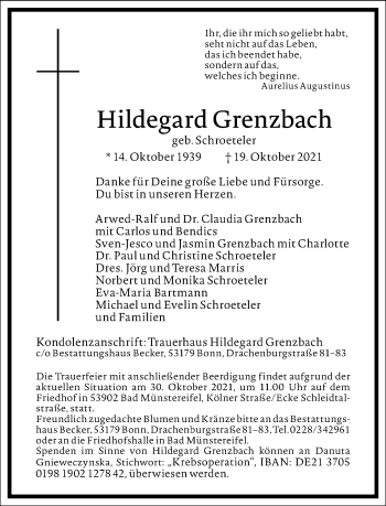 Traueranzeige von Hildegard Grenzbach von Frankfurter Allgemeine Zeitung