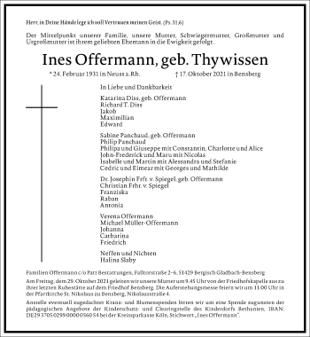 Traueranzeige von Ines Offermann von Frankfurter Allgemeine Zeitung