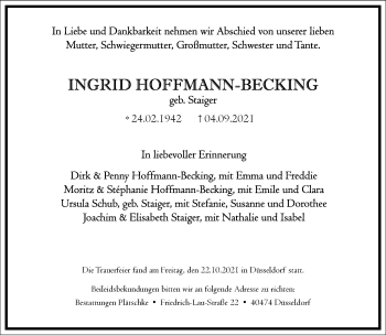 Traueranzeige von Ingrid Hoffmann-Becking von Frankfurter Allgemeine Zeitung