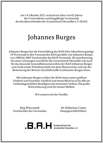 Traueranzeige von Johannes Burges von Frankfurter Allgemeine Zeitung