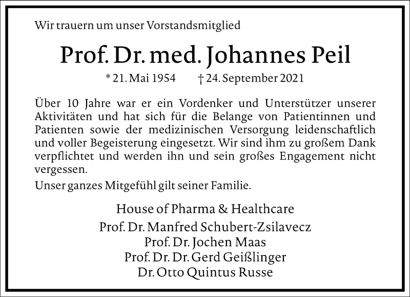  Traueranzeige für Johannes Peil vom 09.10.2021 aus Frankfurter Allgemeine Zeitung