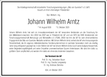 Traueranzeige von Johann Wilhelm Arntz von Frankfurter Allgemeine Zeitung