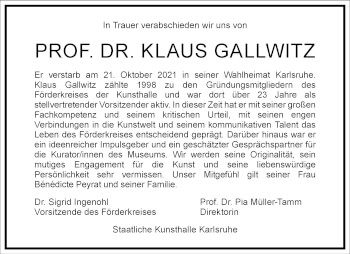 Traueranzeige von Klaus Gallwitz von Frankfurter Allgemeine Zeitung