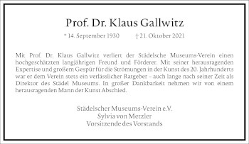 Traueranzeige von Klaus Gallwitz von Frankfurter Allgemeine Zeitung