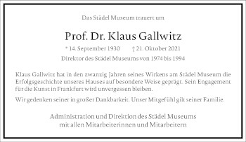 Traueranzeige von Klaus Gallwitz von Frankfurter Allgemeine Zeitung