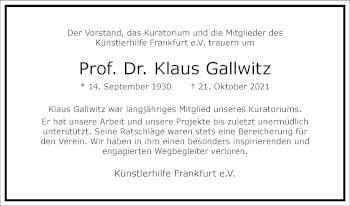 Traueranzeige von Klaus Gallwitz von Frankfurter Allgemeine Zeitung