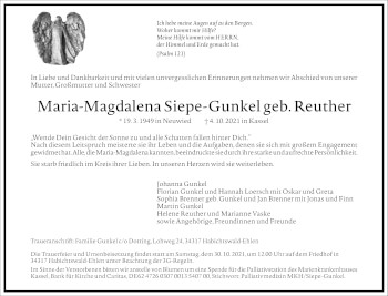 Traueranzeige von Maria-Magdalena Siepe-Gunkel von Frankfurter Allgemeine Zeitung