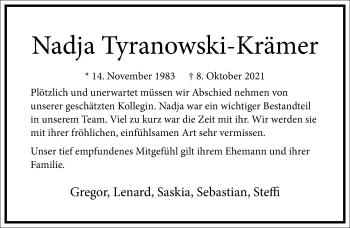 Traueranzeige von Nadja Tyranowski-Krämer von Frankfurter Allgemeine Zeitung