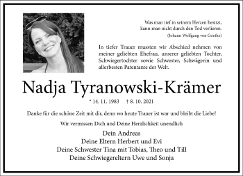 Traueranzeige von Nadja Tyranowski-Krämer von Frankfurter Allgemeine Zeitung