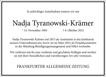 Traueranzeige von Nadja Tyranowski-Krämer von Frankfurter Allgemeine Zeitung