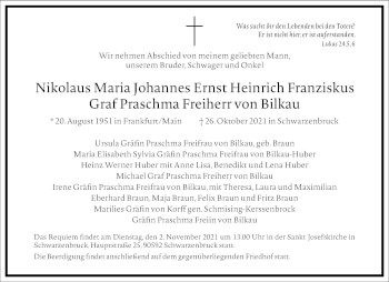 Traueranzeige von Nikolaus Maria Johannes Ernst Heinrich Franziskus Graf Praschma Freiherr von Bilkau von Frankfurter Allgemeine Zeitung