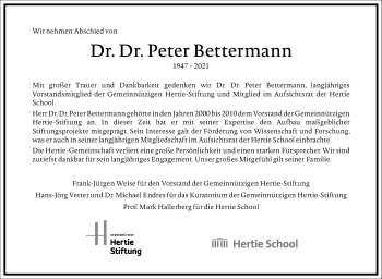 Traueranzeige von Peter Bettermann von Frankfurter Allgemeine Zeitung