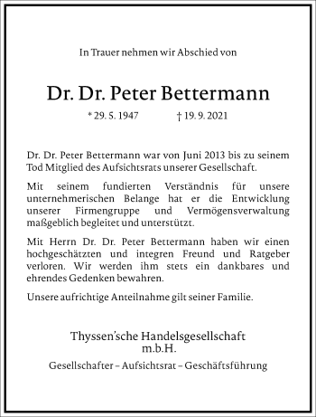 Traueranzeige von Peter Bettermann von Frankfurter Allgemeine Zeitung