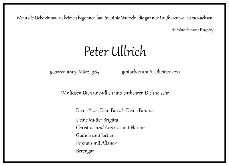  Traueranzeige für Peter Ullrich vom 13.10.2021 aus Frankfurter Allgemeine Zeitung