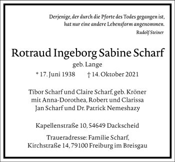 Traueranzeige von Rotraud Ingeborg Sabine Scharf von Frankfurter Allgemeine Zeitung