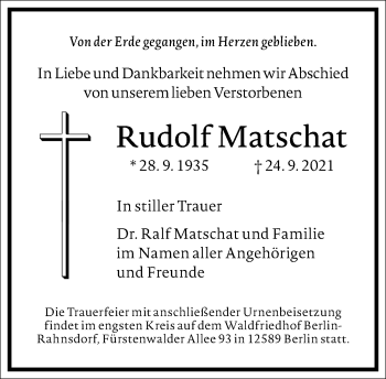 Traueranzeige von Rudolf Matschat von Frankfurter Allgemeine Zeitung