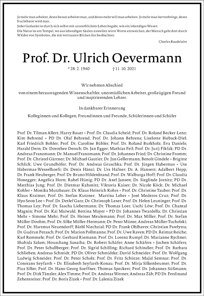  Traueranzeige für Ulrich Oevermann vom 23.10.2021 aus Frankfurter Allgemeine Zeitung